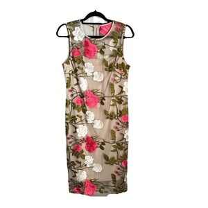 Calvin Klein Floral Embroidered Sheath Dress Sz 12 Illusion Romantic Pink White